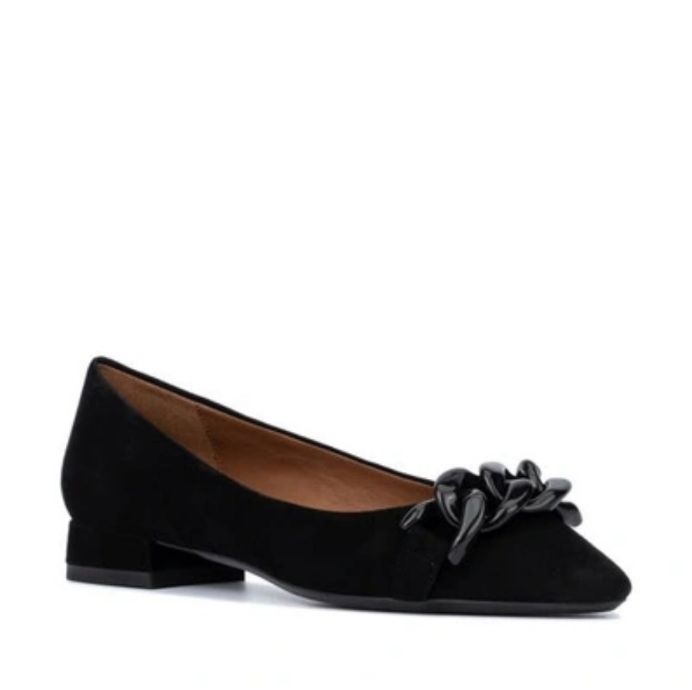 Aquatalia Poeta Black Suede Pointy Toe Dressy Slip On Flats, Chain Link Detail.